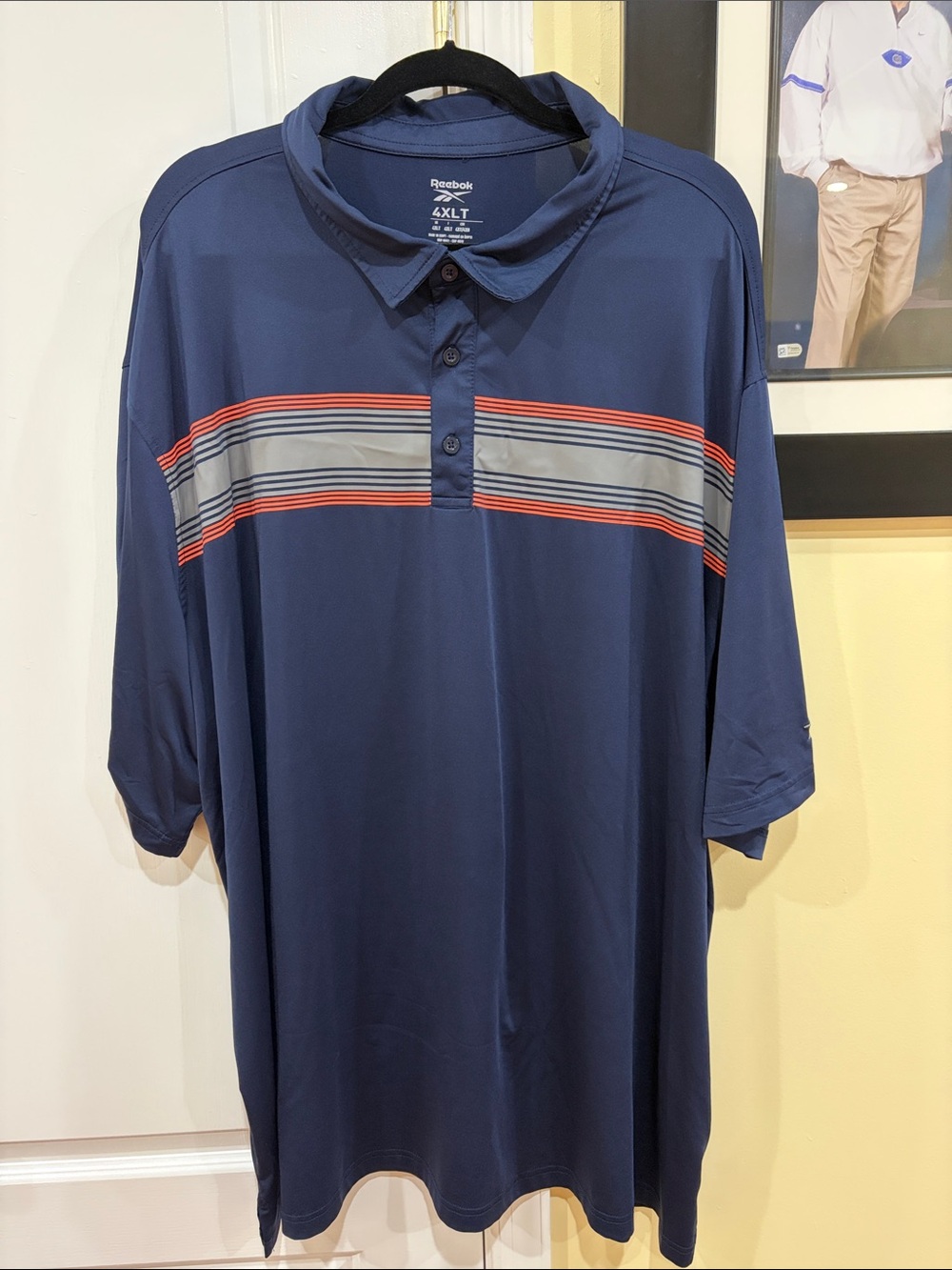 Reebok Men's Navy Polo with Gray and Red Chest Stripes